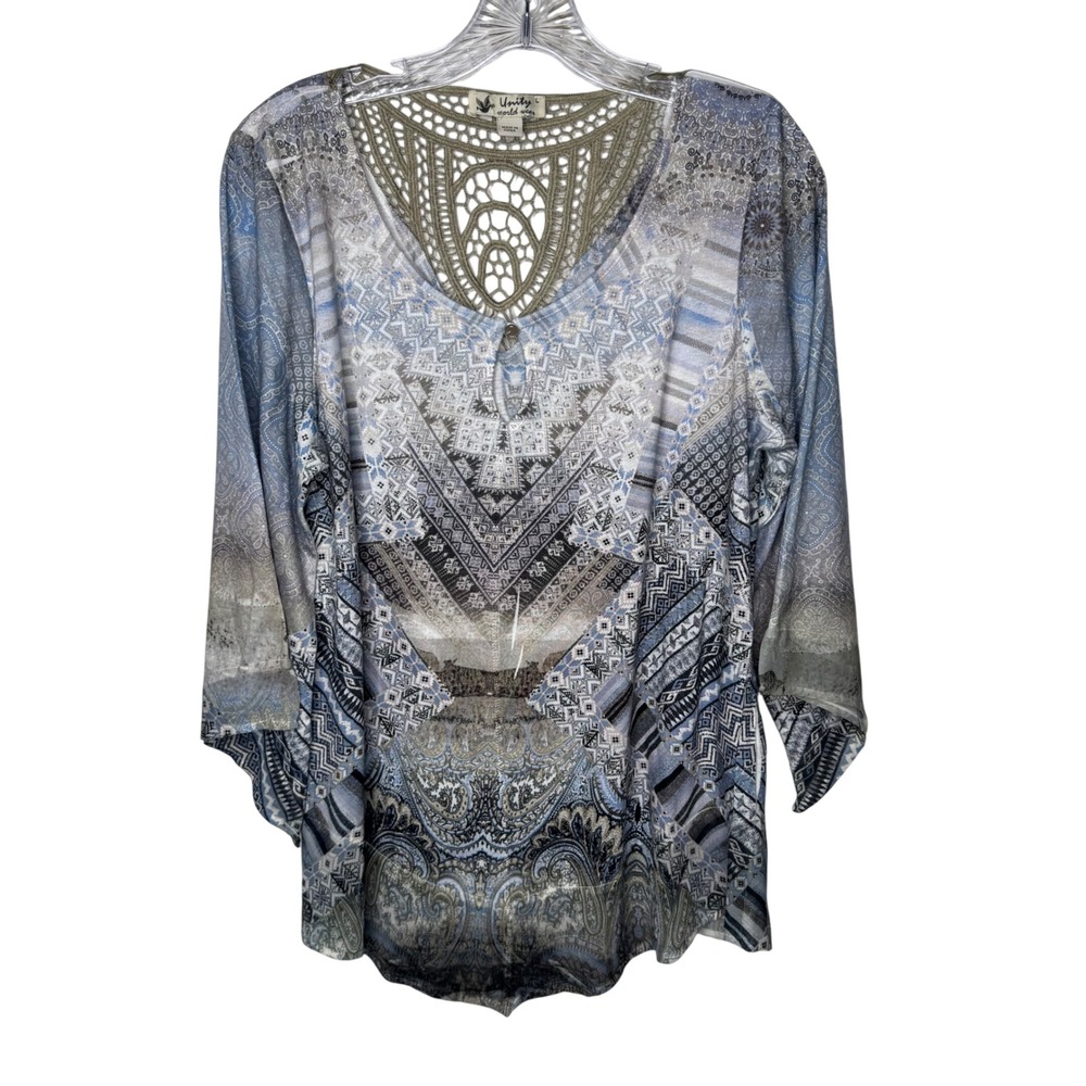 Unity World Wear Womens L Blue Paisley Crochet Lace 3/4‎ Sleeve Blouse Top Boho